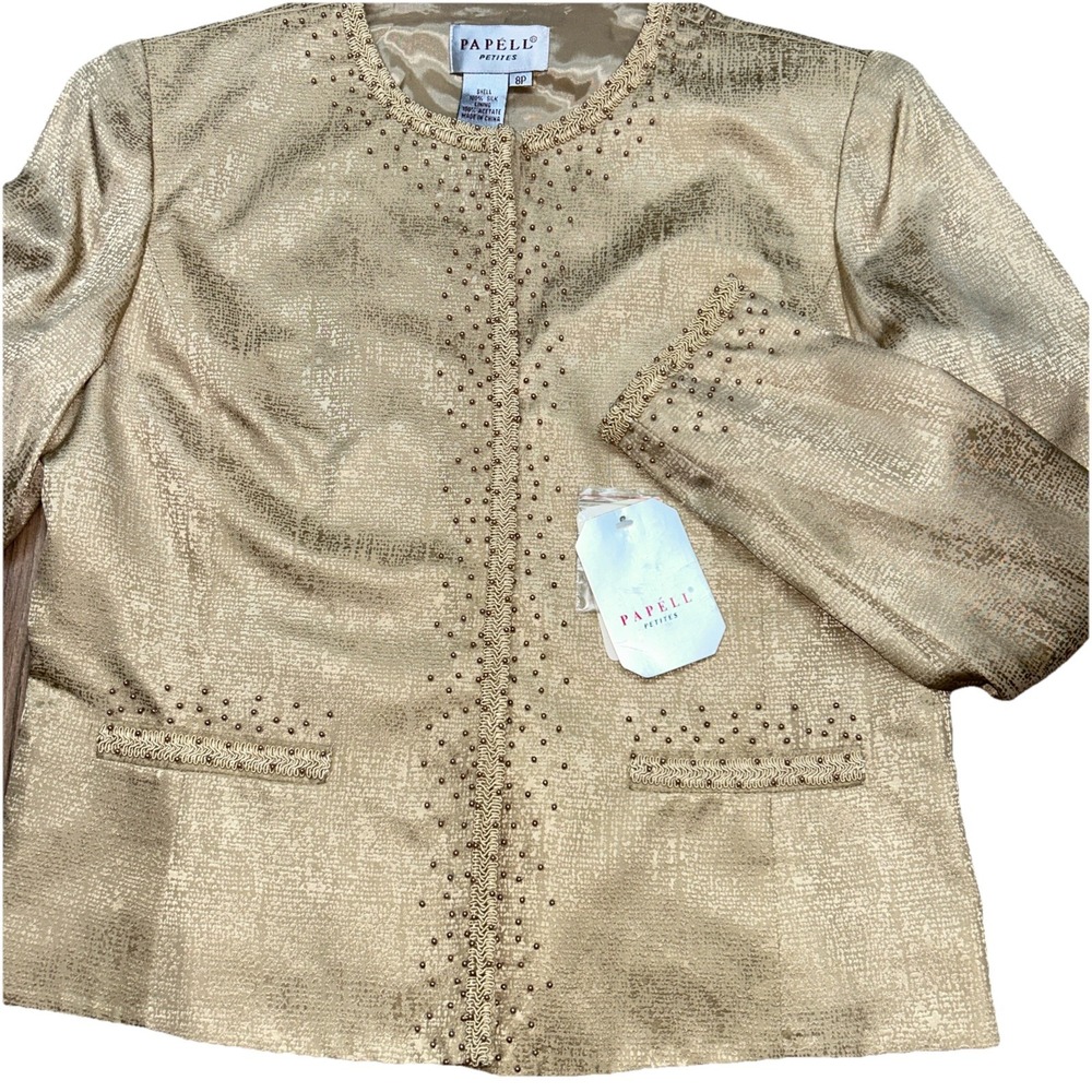NWT Adrianna Papell 100% Silk Headed Gold Jacket,‎ Women's 8 Petite - Picture 3 of 11